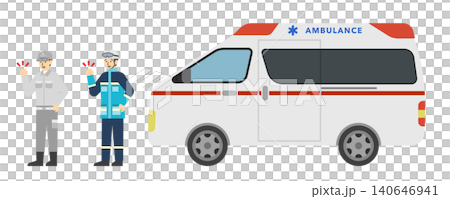 フラットイラスト：救急車の前でガッツポーズする救急救命士 140646941