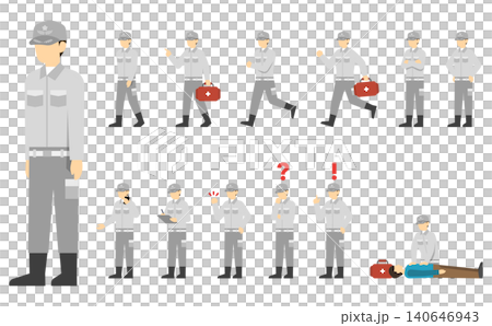 フラットイラスト：グレーの制服を着た救急救命士セット 140646943