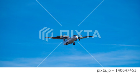 Scenic aerial view of a vintage propeller airplane soaring through a vibrant, cloudless blue sky. travel, aviation, freedom, and adventure concepts in stock photography Scenic aerial view of a vintage propeller airplane soaring through a vibrant, cloudless blue sky. travel, aviation, freedom, and adventure concepts in stock photography 140647453