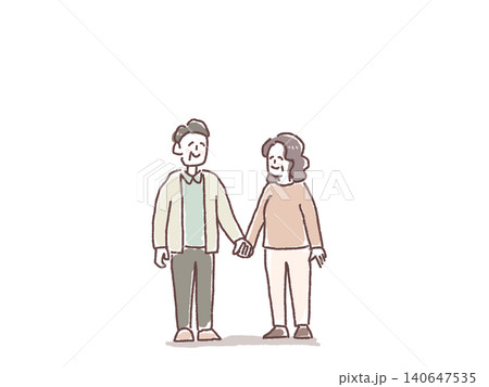 手をつないで寄り添う高齢、シニア夫婦の全身イラスト 140647535