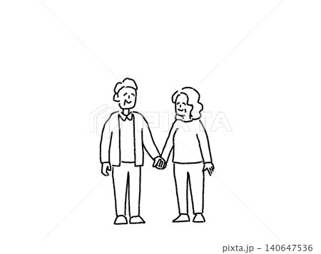 手をつないで寄り添う高齢、シニア夫婦の全身イラスト、線画 手をつないで寄り添う高齢、シニア夫婦の全身イラスト、線画 140647536