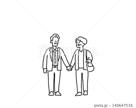 バッグを持って手をつないで歩く高齢夫婦の全身イラスト、線画 バッグを持って手をつないで歩く高齢夫婦の全身イラスト、線画 140647538