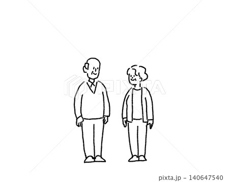 見つめ合って微笑む高齢夫婦の全身イラスト、線画 見つめ合って微笑む高齢夫婦の全身イラスト、線画 140647540