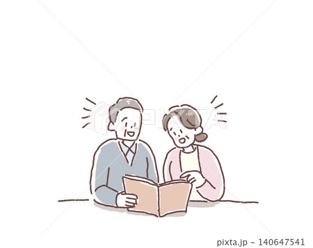 アルバムを見て笑顔になる高齢夫婦のイラスト 140647541