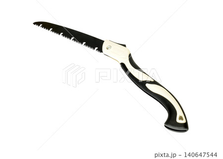 folding garden saw with black blade and curved handle on white background folding garden saw with black blade and curved handle on white background 140647544