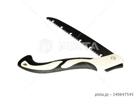 half opened garden saw with black blade on white background half opened garden saw with black blade on white background 140647545