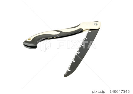 folding hand saw with blade turned down on white background 140647546