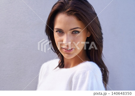 Female model, portrait and sweater on gray background for fashion, trendy or cool style with confidence in studio. Woman or person, proud and smile in casual outfit, stylish and edgy with jumper 140648350