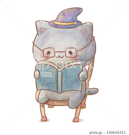 【水彩風】魔女の帽子をかぶって本を読む可愛い黒猫 ハロウィン・読書の秋のイラスト 140648351