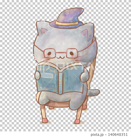 【水彩風】魔女の帽子をかぶって本を読む可愛い黒猫 ハロウィン・読書の秋のイラスト 140648351