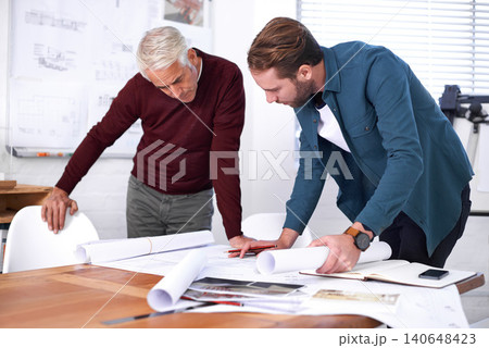 Coworker, man and blueprint with drawing at office with pencil for a building design or renovation, teamwork and project as architects. Business, people and collaboration on task, plan and layout 140648423