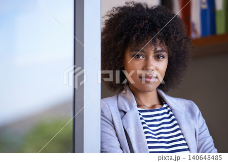 Portrait, business and happy black woman in startup for entrepreneur, designer and creative company. Face, proud and young afro female person for confidence, happiness and pride in workplace Portrait, business and happy black woman in startup for entrepreneur, designer and creative company. Face, proud and young afro female person for confidence, happiness and pride in workplace 140648485