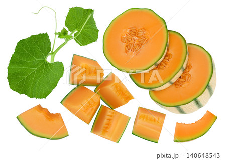 Cantaloupe melon slices isolated on white background with full depth of field. Top view. Flat lay Cantaloupe melon slices isolated on white background with full depth of field. Top view. Flat lay 140648543