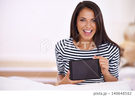 Tablet screen, mock up and portrait of happy woman at home with online, info or deal promotion. Digital, mock up and face of person with sign up offer, streaming or app Tablet screen, mock up and portrait of happy woman at home with online, info or deal promotion. Digital, mock up and face of person with sign up offer, streaming or app 140648582