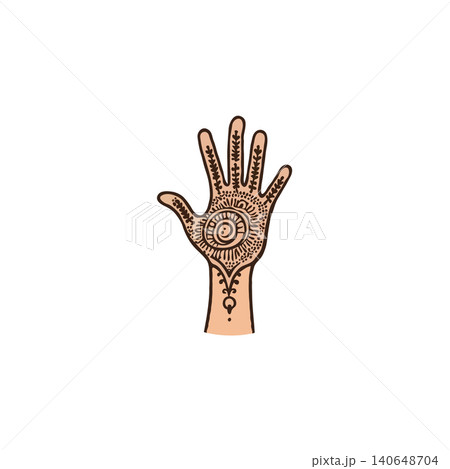 A captivating image displaying a hand with beautiful henna designs. This artistic expression merges cultural celebration with aesthetic body art. Perfect for illustrating tradition, beauty rituals, 140648704