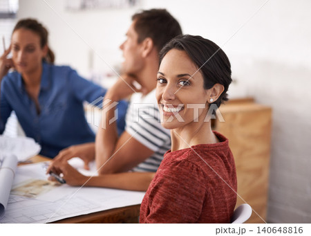 Woman, office and happy architect with blueprints for expansion or developing urban area. Brainstorming, design planning and infrastructure or building construction project with business people 140648816