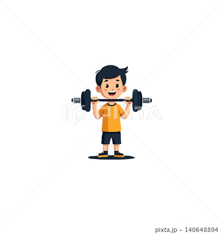 An illustration shows a young boy smiling confidently while lifting a barbell showcasing his fitness strength and healthy lifestyle choices. This image embodies youthful energy and the pursuit of An illustration shows a young boy smiling confidently while lifting a barbell showcasing his fitness strength and healthy lifestyle choices. This image embodies youthful energy and the pursuit of 140648894