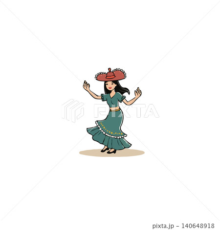 An illustration showing a delightful young woman gracefully dancing while wearing a traditional headpiece. She is dressed in colorful attire, embodying the joyful and festive spirit of a cultural An illustration showing a delightful young woman gracefully dancing while wearing a traditional headpiece. She is dressed in colorful attire, embodying the joyful and festive spirit of a cultural 140648918
