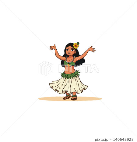 An illustrative depiction showcases a hula dancer, embodying the essence of tropical culture through its rhythmic motion. The cartoon's cheerful demeanor and vibrant design capture the spirit of 140648928