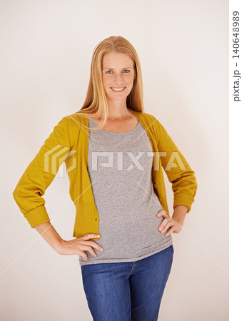 Woman, portrait and confident in studio, entrepreneur and small business owner or mockup on white background. Happy female person, casual and cool clothes or style, proud and satisfaction for fashion Woman, portrait and confident in studio, entrepreneur and small business owner or mockup on white background. Happy female person, casual and cool clothes or style, proud and satisfaction for fashion 140648989