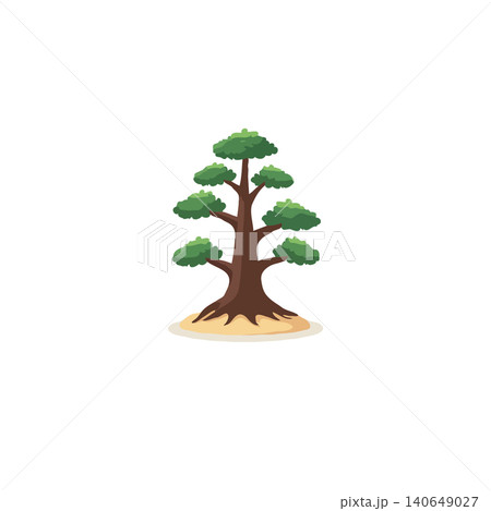 A charming and stylized vector illustration portrays a solitary tree with layered, verdant foliage and a sturdy trunk, set against a subtle sandy ground. Ideal for representing nature, growth, and 140649027
