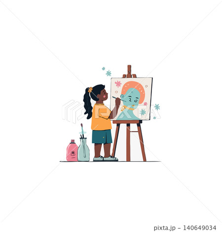 A young girl stands before an easel, absorbed in painting a whimsical portrait. Her creative spirit shines through as she brings color and life to the canvas fostering imagination development 140649034