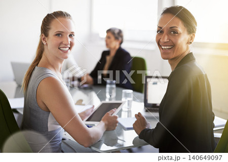 Portrait, tech and women at meeting together with smile, teamwork and confidence in conference room. Business, girl power and happy collaboration with tablet, laptop and opportunity for entrepreneur Portrait, tech and women at meeting together with smile, teamwork and confidence in conference room. Business, girl power and happy collaboration with tablet, laptop and opportunity for entrepreneur 140649097