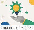 Trendy Halftone Collage of a hand presenting a glowing light bulb on a green star burst, representing creative idea and innovation. Perfect for business, startup, brainstorm, and marketing content. 140649284