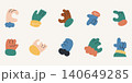 Cute flat design hand doodle set featuring 10 colorful abstract hand gestures in various poses. Perfect for sticker packs, UI design, social media, children's content, and creative projects. 140649285