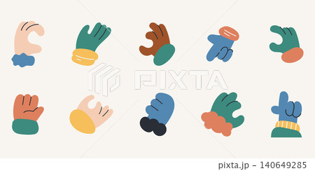 Cute flat design hand doodle set featuring 10 colorful abstract hand gestures in various poses. Perfect for sticker packs, UI design, social media, children's content, and creative projects. Cute flat design hand doodle set featuring 10 colorful abstract hand gestures in various poses. Perfect for sticker packs, UI design, social media, children's content, and creative projects. 140649285
