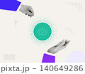 Trendy Halftone Collage of two hands presenting a glowing AI robot icon with radiant dot burst, representing intelligent generation and AI technology. Perfect for tech, AI, and automation content. 140649286