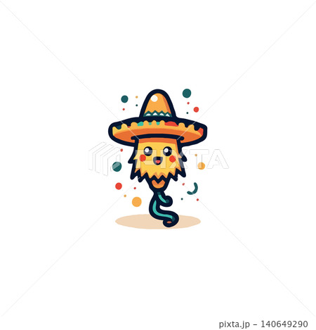 A delightfully charming cartoon character wearing a traditional sombrero dances merrily amidst colorful confetti, embodying the joyful spirit of a vibrant celebration. This whimsical illustration 140649290