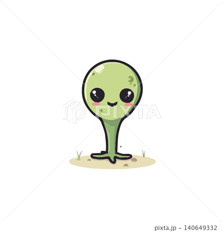 A light green alien is pictured standing on a patch of ground, the simple design features the alien's head and a petite body. The overall aesthetic uses a cartoonish style that aims for an A light green alien is pictured standing on a patch of ground, the simple design features the alien's head and a petite body. The overall aesthetic uses a cartoonish style that aims for an 140649332