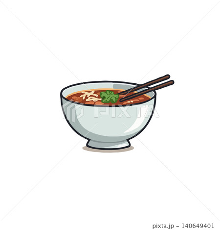 A simple, illustrative image portrays a bowl of soup, with chopsticks resting on top and a garnish of parsley. This clean, vector graphic could be used to represent a meal or food concept, 140649401