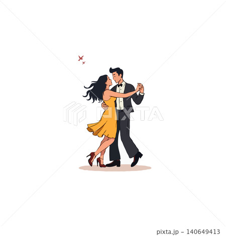 A stylized illustration shows a couple dancing gracefully, exuding romance and intimacy. The man in a tuxedo and woman in a flowy dress share a loving embrace during this celebratory event. The A stylized illustration shows a couple dancing gracefully, exuding romance and intimacy. The man in a tuxedo and woman in a flowy dress share a loving embrace during this celebratory event. The 140649413