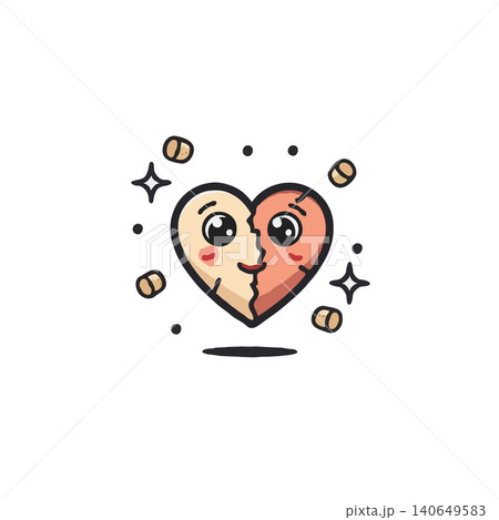 A charming cartoon illustration shows a heart with two distinct sides and faces. Each half has its own color, beige and pink, and expression, creating a visual metaphor for mixed feelings, or A charming cartoon illustration shows a heart with two distinct sides and faces. Each half has its own color, beige and pink, and expression, creating a visual metaphor for mixed feelings, or 140649583