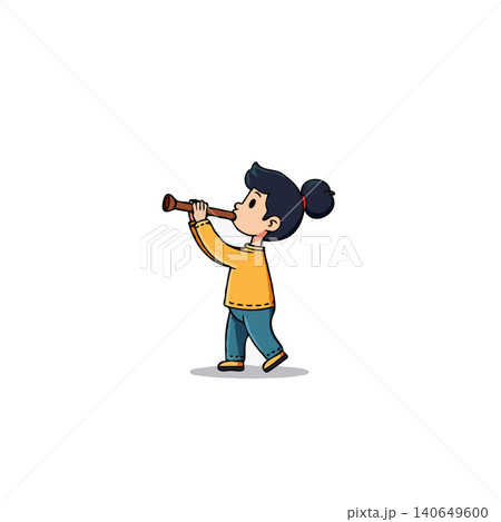 A delightful illustration of a young girl passionately playing a wooden flute. Her focus and the whimsical design evoke a sense of joyful musical exploration and creative expression. It captures the 140649600