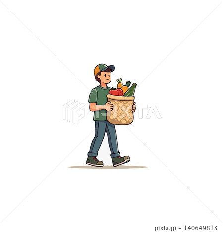 A charming illustration depicts a young character carrying a woven basket overflowing with fresh groceries. The image conveys a sense of healthy eating and the daily task of acquiring fresh produce, 140649813