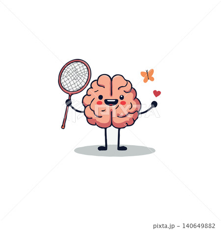 A whimsical cartoon depicting a cute brain character joyfully holding a badminton racket, playfully attempting to catch a small orange butterfly. This illustration represents mental agility, A whimsical cartoon depicting a cute brain character joyfully holding a badminton racket, playfully attempting to catch a small orange butterfly. This illustration represents mental agility, 140649882