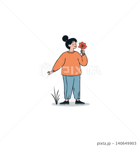 A minimalist vector illustration portrays a girl gently holding a flower, representing the simple joy of connecting with nature in a peaceful, carefree setting. It captures the essence of youthful 140649903