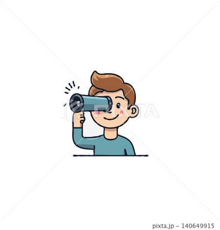 A charming cartoon illustration depicts a young boy joyfully gazing through a telescope, embodying a sense of adventure and the spirit of discovery. His hopeful expression and focus on the horizon 140649915