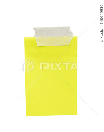 Blank yellow paper note with masking tape isolated on white background. Blank yellow paper note with masking tape isolated on white background. 140649950