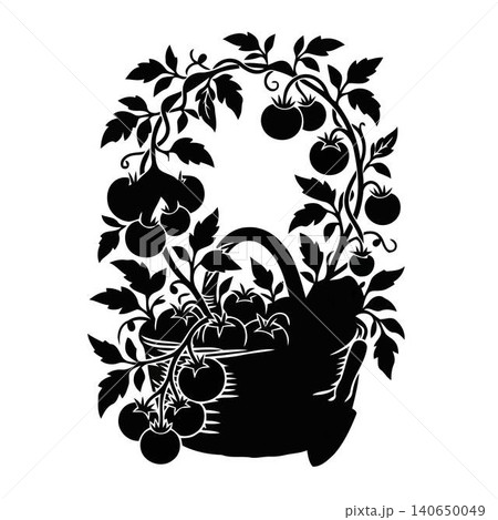 Black silhouette illustration of a woven harvest basket full of ripe tomatoes and lush leafy vines. Black silhouette illustration of a woven harvest basket full of ripe tomatoes and lush leafy vines. 140650049