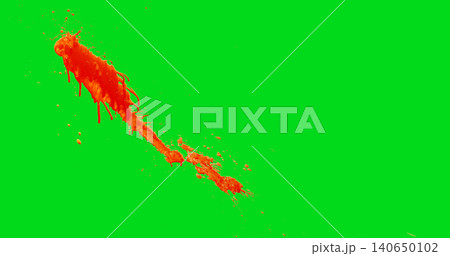 Explosive red blood splatter isolated on green screen background. Dynamic liquid impact with droplets and spray effect for chroma key compositing, VFX and video production. 140650102