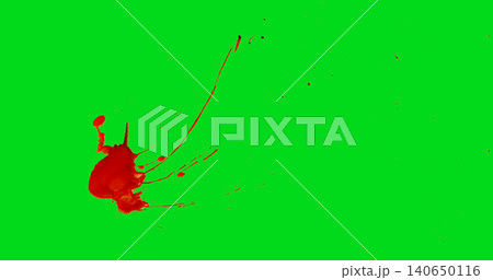 Explosive red blood splatter isolated on green screen background. Dynamic liquid impact with droplets and spray effect for chroma key compositing, VFX and video production. 140650116