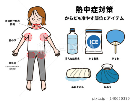 熱中症になった時に冷やす体の部位とアイテムの図解（成人女性） 140650359