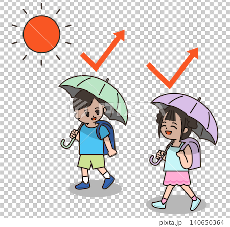 孩子們撐著陽傘去上學。 孩子們撐著陽傘去上學。 140650364