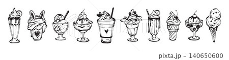 Ice cream doodle icon, hand drawn summer dessert line illustration, tasty cold milkshake clipart set Ice cream doodle icon, hand drawn summer dessert line illustration, tasty cold milkshake clipart set 140650600