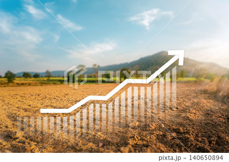 Land, landscape or green field in aerial view. Include house building, bar chart or graph, increase graph arrow. Real estate or property with concept for sale price, land price, property tax. 140650894