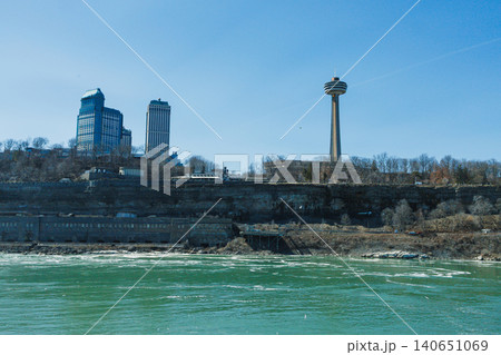 Visitors explore Niagara Falls during a sunny afternoon under clear skies with city buildings nearby Visitors explore Niagara Falls during a sunny afternoon under clear skies with city buildings nearby 140651069